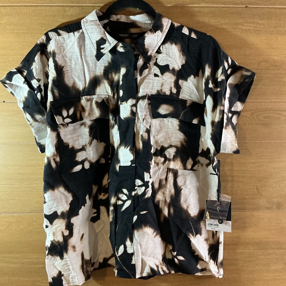 Simply Vera Vera Wang Women's Large Black & Cream Button Down Crop Shirt NEW NWT